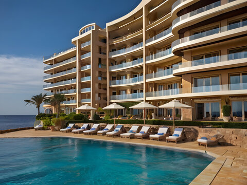Luxury Oceanfront Resort: Capture the epitome of relaxation and luxury with this stunning photo of a modern resort nestled on a cliff overlooking the sparkling blue ocean. - Powered by Adobe
