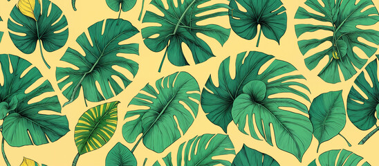 Pattern. Tropical Leaves Pattern with Yellow Background