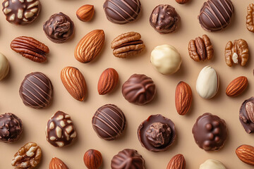 An assortment of chocolates and nuts arranged on a beige background. The image features various chocolate truffles, coated nuts, and whole nuts like almonds