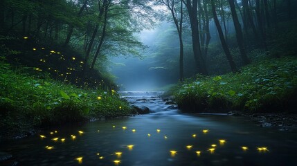 Obraz premium Enchanted Firefly River in a Misty Forest at Night: A Serene Landscape Photography