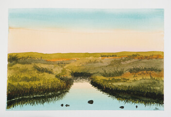 Watercolor landscape painting illustration of field and river
