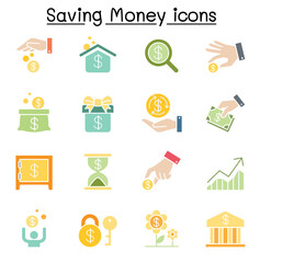 Saving money & Investment icon set in flat color style