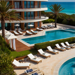 Fototapeta premium Luxury Resort Pool: A breathtaking aerial view of a pristine swimming pool surrounded by luxurious lounge chairs and verdant greenery. The azure waters shimmer under the golden sunlight.