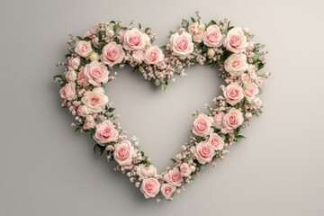 Naklejka premium Heart-Shaped Arrangement of Pink Roses and Baby's Breath on a Soft Grey Background