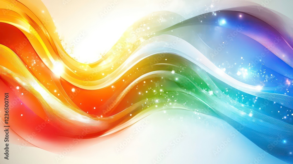 Poster abstract rainbow wave background with glowing particles and vibrant colors.