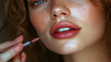 A dermatologist applying Botox to a persons nasolabial folds, close-up shot with soft background and copy space.