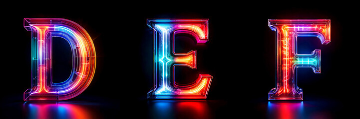Letters D, E, F. LED Alphabet: Realistic RGB Glowing Letters