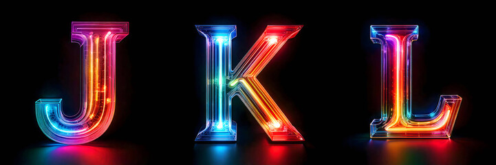 Letters J, K, L. LED Alphabet: Realistic RGB Glowing Letters