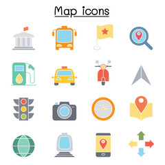 Map icon set in thin line style