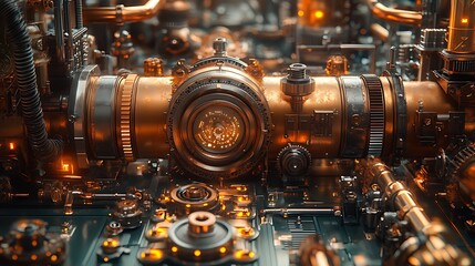 Fototapeta premium Close-up of intricate steampunk-style mechanism with glowing orange accents.