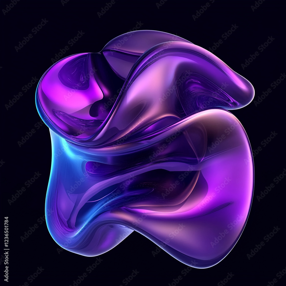 Poster a stunning 3d rendering of fluid shapes in purple and blue tones on a dark background, symbolizing m