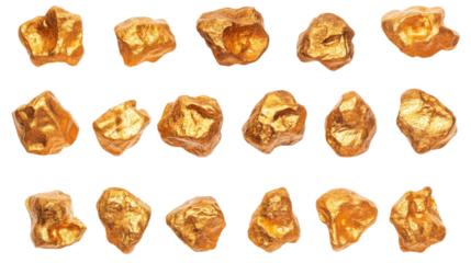 Set of gold nuggets rotating on transparent background