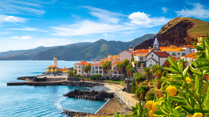 Panoramic view of the small village of Canical, near Ponta de Sao Lourenco. Madeira Island, Portugal