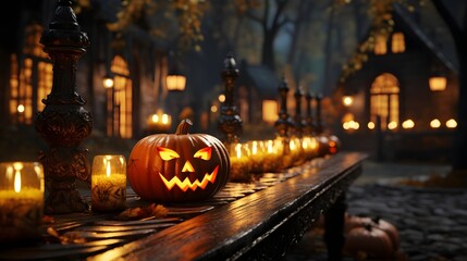 Fototapeta premium Enchanted Halloween Village: Carved Pumpkin Illuminates a Festive Autumn Night with Candles and Glowing Lanterns on Wooden Table, Creating a Spooky Atmosphere.