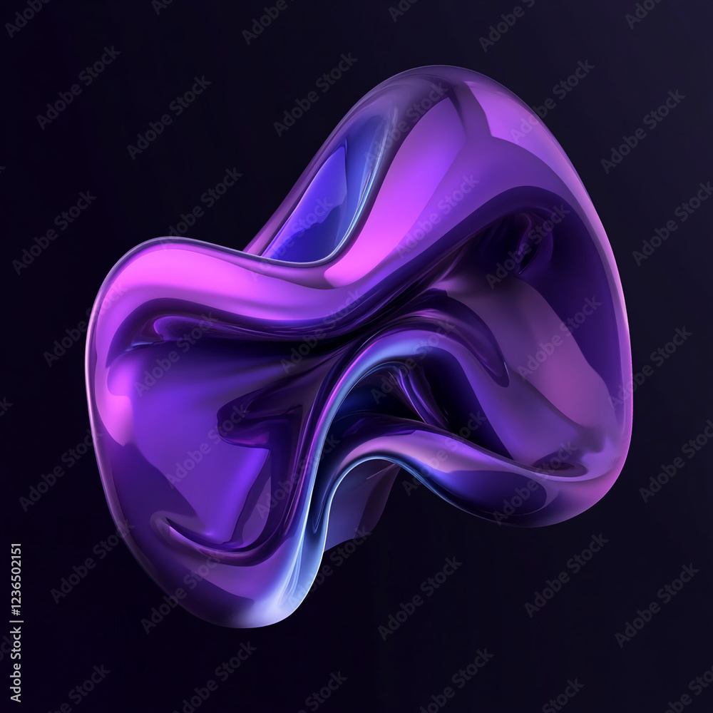 Poster a 3d rendering of a fluid purple and blue shape on a dark background, symbolizing modernity, motion,