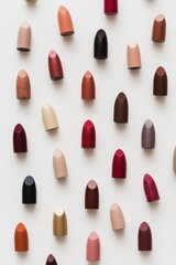Lipstick swatches arranged on white background, beauty product, makeup flatlay