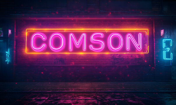 Vibrant neon coming soon sign glowing on a dark - Powered by Adobe
