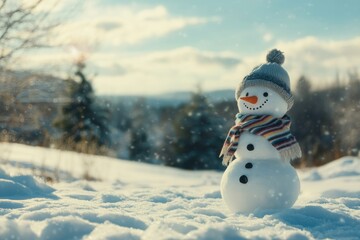 Obraz premium Charming Snowman Standing in Winter Snowy Landscape with Soft Light and Snowflakes Falling