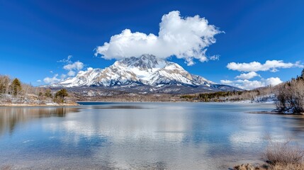 Snow-capped mountain reflected in calm lake (1)