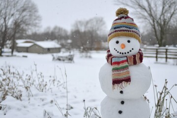 Obraz premium Cheerful Snowman with Colorful Hat and Scarf Standing in Picturesque Winter Landscape