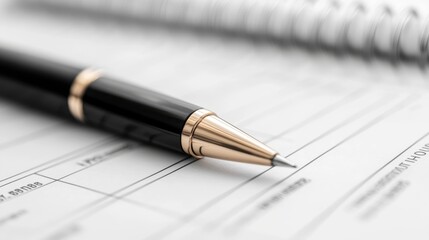 Office pen on paperwork, notebook blurred background