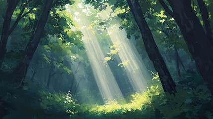 Enchanted Forest with Sunlight Rays Illuminating the Greenery