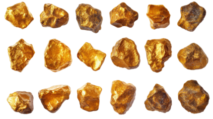 Set of gold nuggets rotating on transparent background
