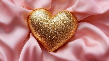 Fototapeta premium Glittering gold heart on pink satin fabric