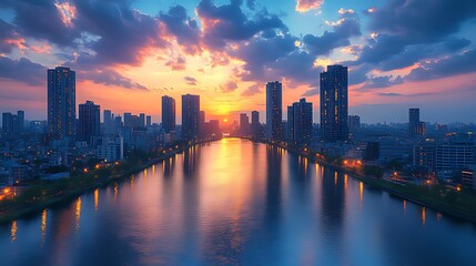 Fototapeta premium Vibrant sunset over a city skyline reflected in a calm river.