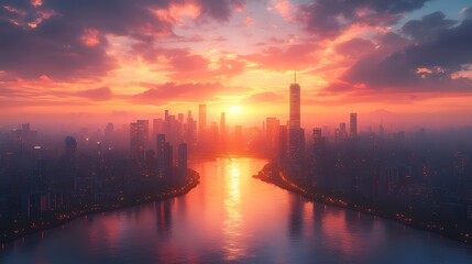 Fototapeta premium Vibrant sunset over a sprawling cityscape with a river reflecting the warm light.