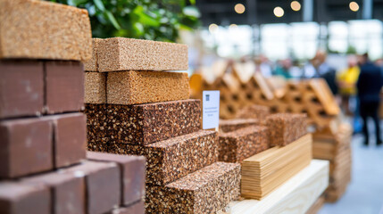 Sustainable construction materials displayed in modern showcase, highlighting eco friendly options