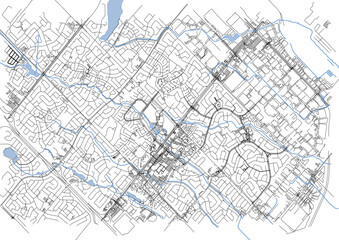 a street map and buildings of a city with a black and white theme