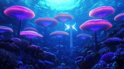 Enchanted Underwater Scene with Vibrant Glowing Mushrooms