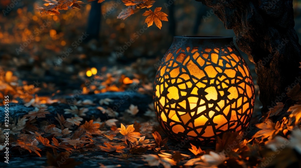 Wall mural A glowing lantern illuminates the night, casting an ethereal glow on autumn leaves in a mystical forest setting during the Ramadan season. 