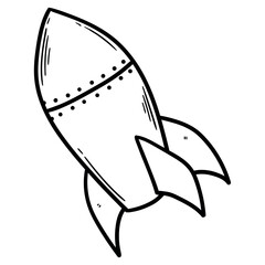 Hand drawn doodle rocket spaceship on white background.