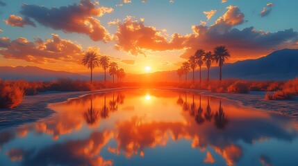 Obraz premium Vibrant sunset over calm water reflecting palm trees and mountains.