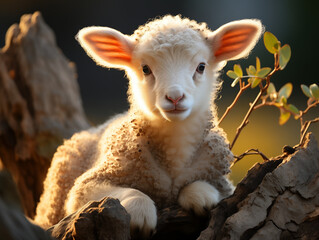 Young Lamb Resting Peaceful On Rustic Log In Shaded Garden