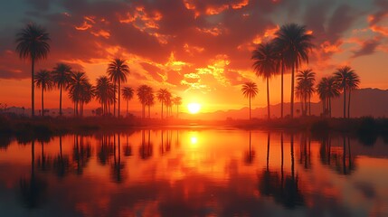 Fiery sunset over calm water, reflecting palm trees silhouettes.