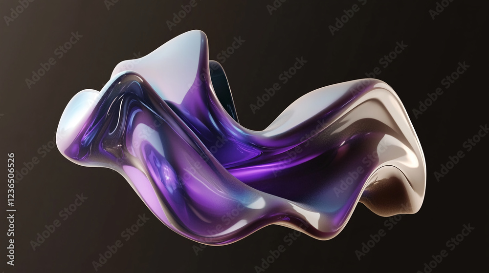 Poster A smooth, flowing 3D digital shape in shades of purple and soft tones, creating an abstract fluid form against a dark background, symbolizing movement and fluidity.
