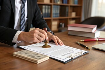 Professional Signing in Office Setting Businessman Signing Documents at Desk with Laptop and Papers