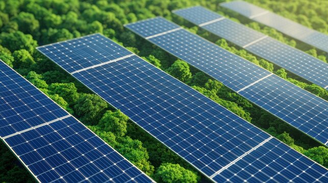 Solar Panels Installed in Lush Green Environment for Renewable Energy