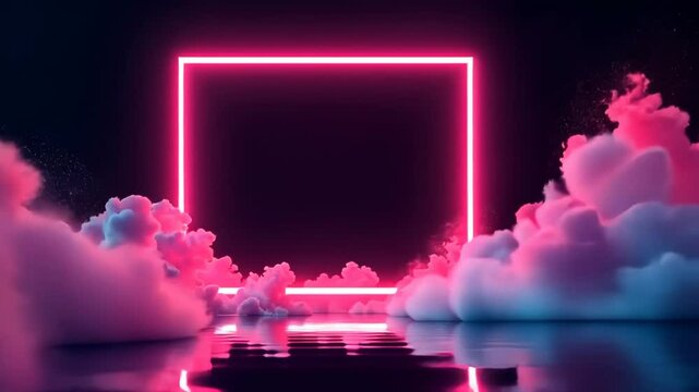 video. pink neon glowing square frame with Smoke explosion on black background, Abstract glowing text frame for sales event. black friday,
