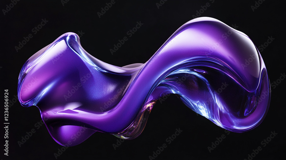 Poster a digital 3d rendering of a purple fluid-like shape, swirling and twisting in smooth curves with glo