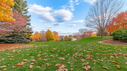 Midwest backyard full of fall leaves blue skies green grass large trees small hill