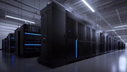 Data center servers, rows, blue lights, technology, network infrastructure