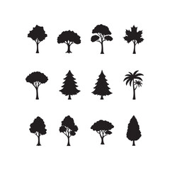 tree icon set silhouette vector flat design
