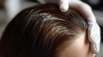 Naklejka premium High-definition shot of hair restoration process, applying treatment to the scalp, soft-focus background with space for text.