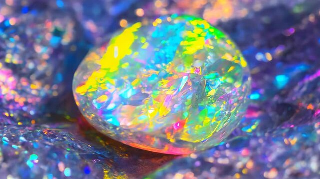 Close-up view of four shimmering opal gems exhibiting vibrant rainbow colors against a sparkling, iridescent background.  High-detail macro photography