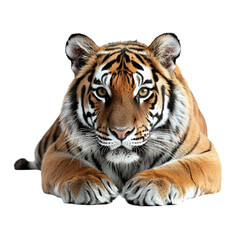 Naklejka premium Majestic Tiger Lying Down and Gazing at the Camera Isolated on Transparent Background for Wildlife and Nature Design Concepts