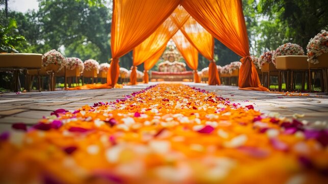 Indian Wedding Decoration Grand and Luxurious Wedding Events Decor Path to the Hindu wedding altar covered with orange cloth and flower petals